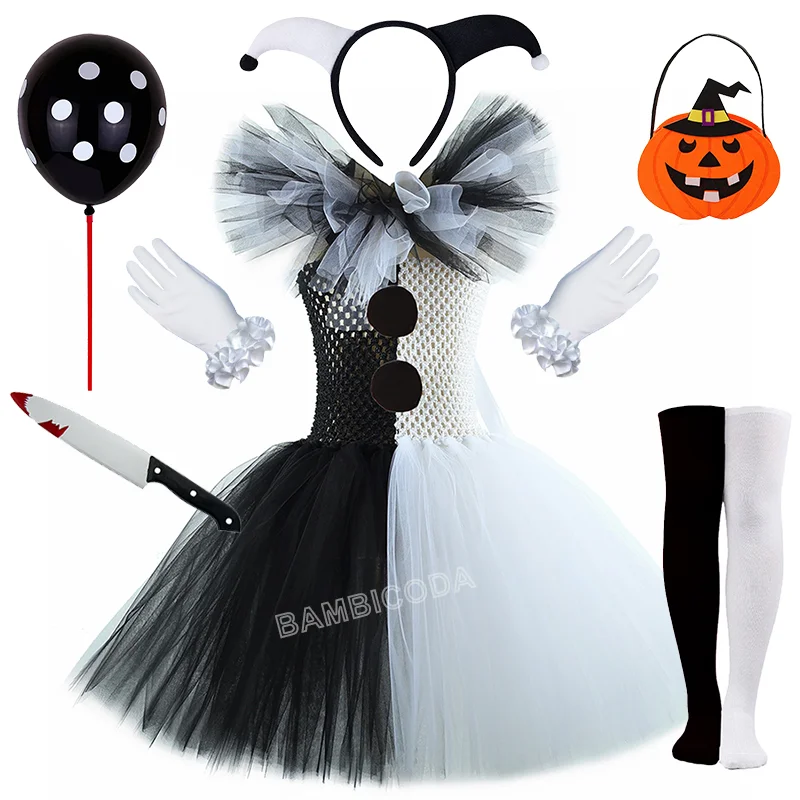 O traje de palhaço terrível arte menina preto branco fantasia tutu vestido horror coringa vestido para meninas trajes de festa de carnaval de halloween