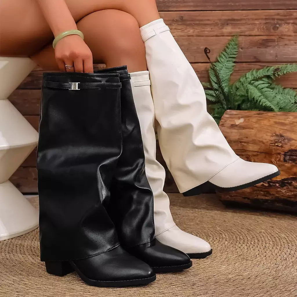 Moda plissada bota de salto alto outono novo tamanho grande estilo britânico calças de tubo alto bota feminina transfronteiriça lindamente