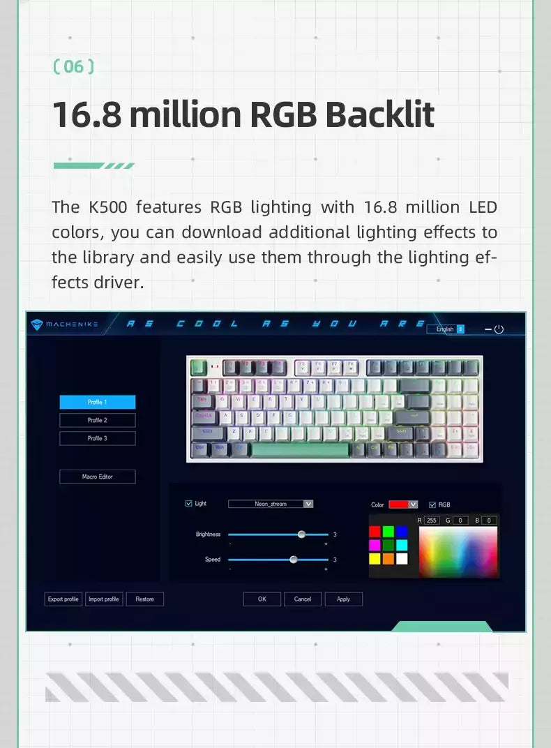 Machenike-K500 Teclado mecânico para jogos, Teclado com fio, Hot Swappable, 94 teclas, RGB Light, Mac, Windows