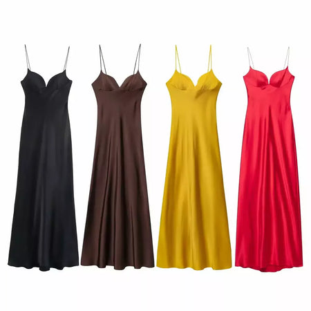 2025 verão novos produtos temperamento feminino sexy cetim texturizado vestido moda sexy suspender vestido