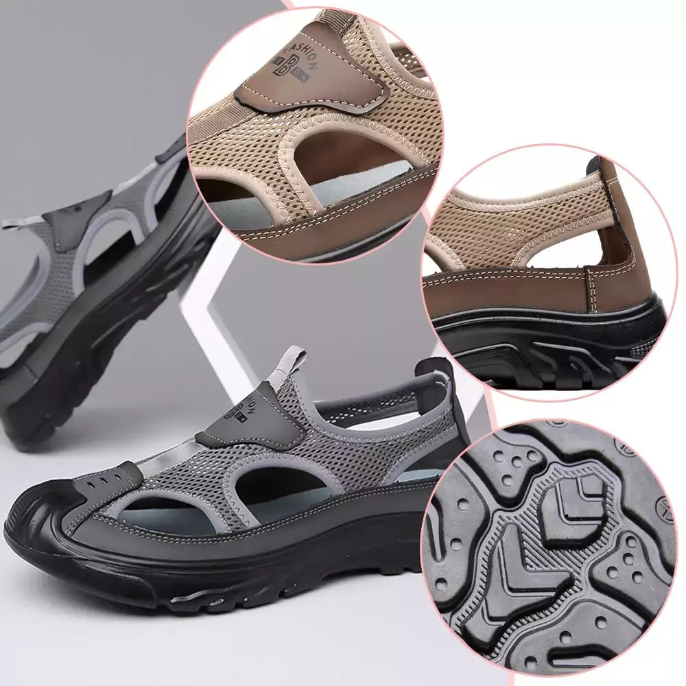 Sandálias Baotou respiráveis masculinas, sapatos de malha oca, leves, antiderrapantes, esportes casuais, ao ar livre, praia, verão