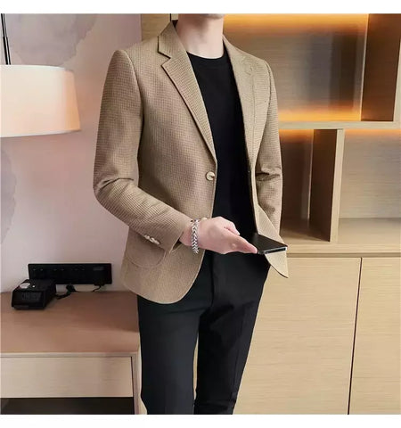 Casaco de peito único masculino, blazer slim fit, blazers grandes, casacos elegantes de luxo, outwear casual coreano para casamento