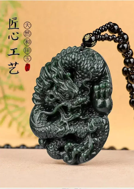 Velho hotan jade ciano pingente jadeite dragão rei marca zodíaco colar dominador masculino mão esculpida jóias presente high-end