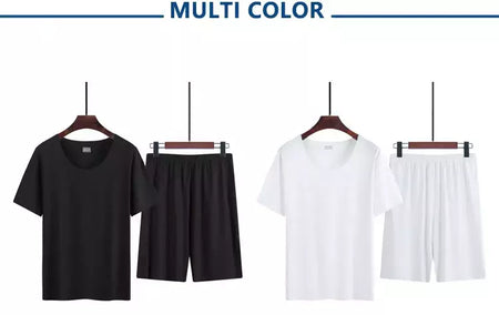 Verão pijamas masculinos terno fino gelo casa roupas traceless manga curta shorts em torno do pescoço casual roupas de verão