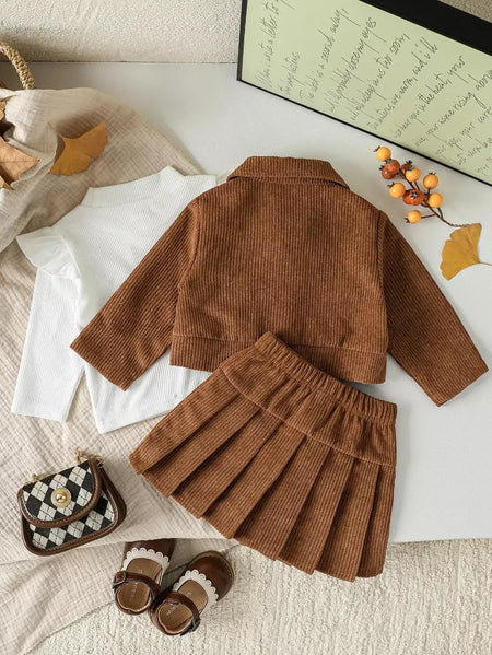 Bebê menina outono inverno na moda três peças jaqueta preto gola alta de malha sólida manga longa saia rua festa roupas conjunto
