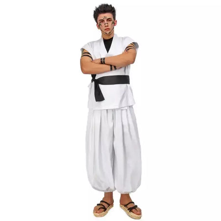 Dazcos ryomen sukuna traje branco kung fu terno com adesivos de tatuagem ryomen sukuna como megumi showdown cosplay traje conjunto completo
