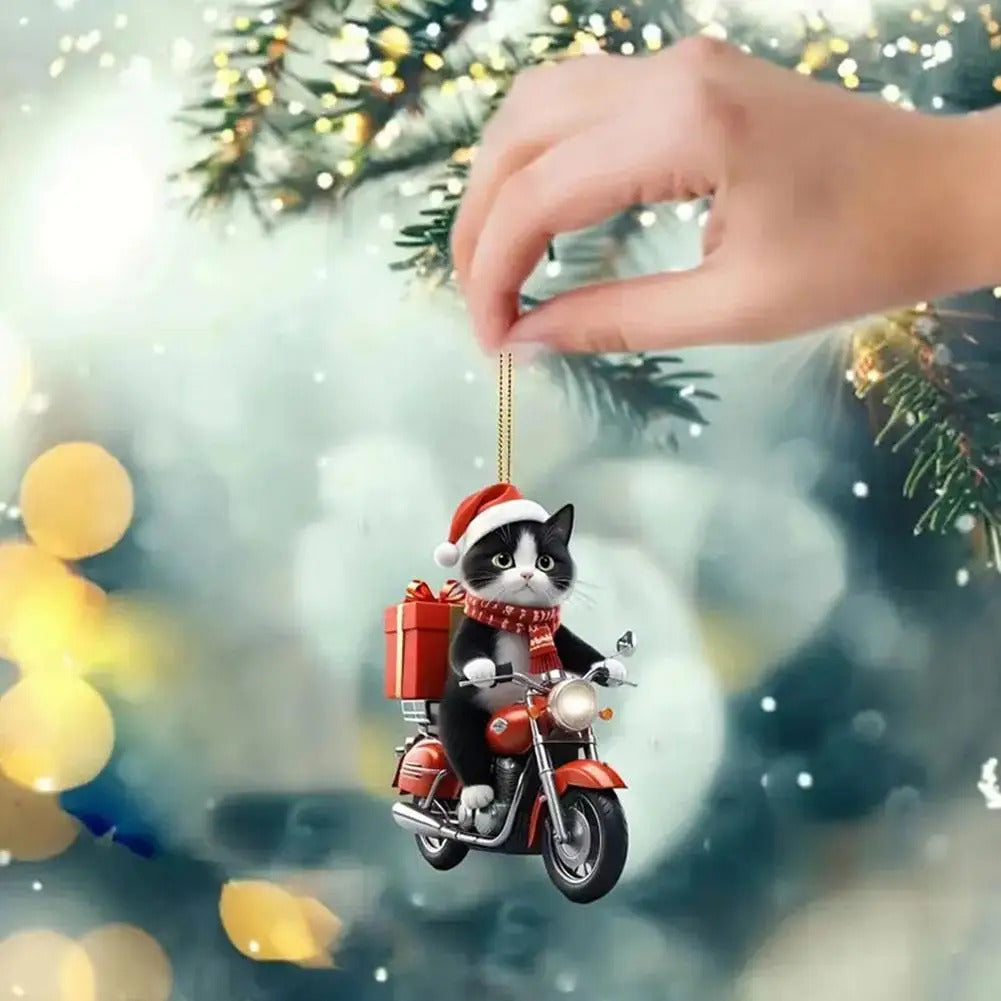 Motocicleta gato acrílico pendurado decoração árvore de natal carro 2d plana equitação gatinho pendurado ornamento dos desenhos animados pingente para natal