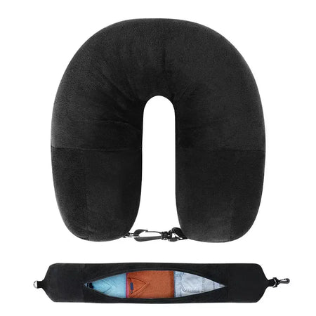 Travesseiro de pescoço para viagem com roupas preenchíveis, fronha em formato de u, capa de veludo, bolsa de armazenamento extra para avião, economia de espaço de viagem