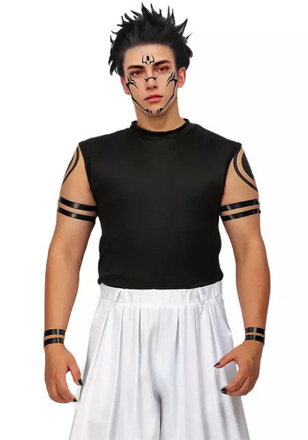 Dazcos ryomen sukuna traje branco kung fu terno com adesivos de tatuagem ryomen sukuna como megumi showdown cosplay traje conjunto completo