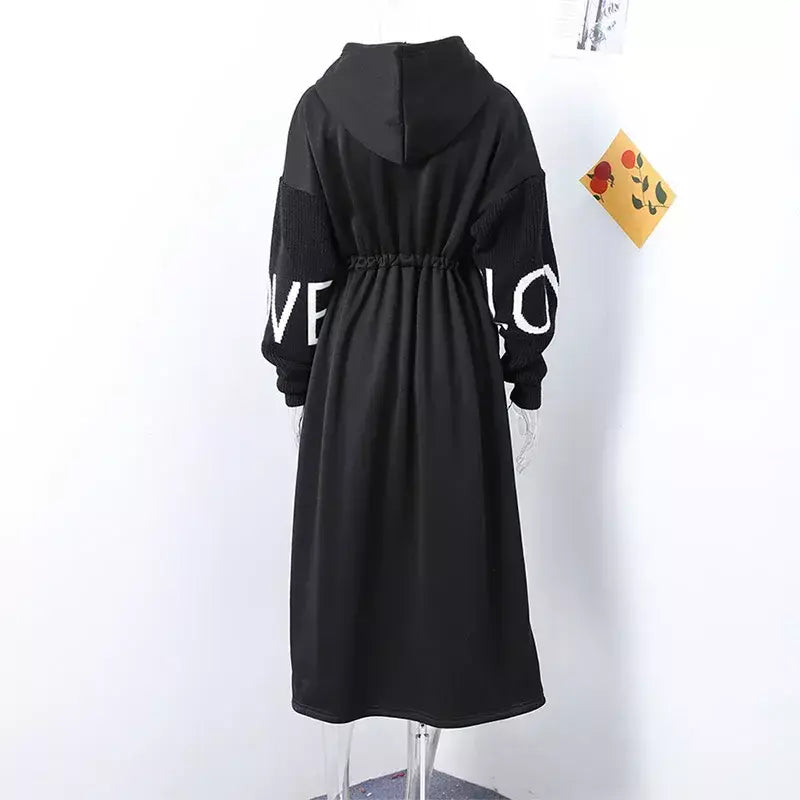 Casual longo retalhos casacos de malha feminino casual hoodies rendas até bolsos jaquetas femininas 2024 outono inverno nova senhora outerwears