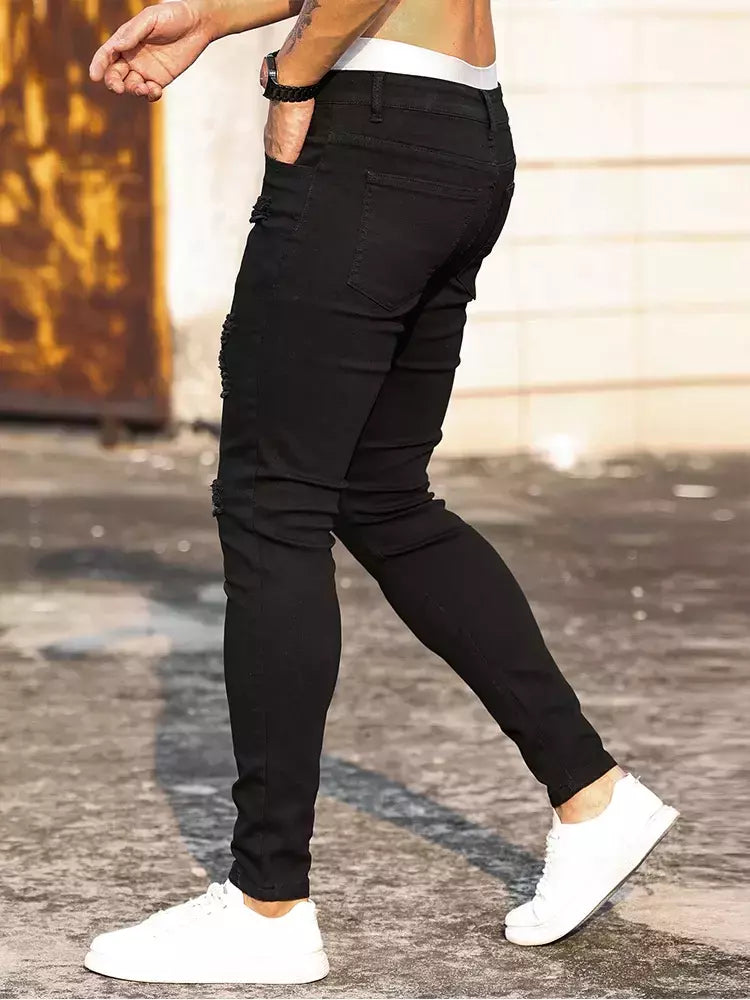 Moda masculina rua rasgado jeans preto puro estiramento apertado pequeno pé lápis calças namorado clube roupas denim ropa hombre