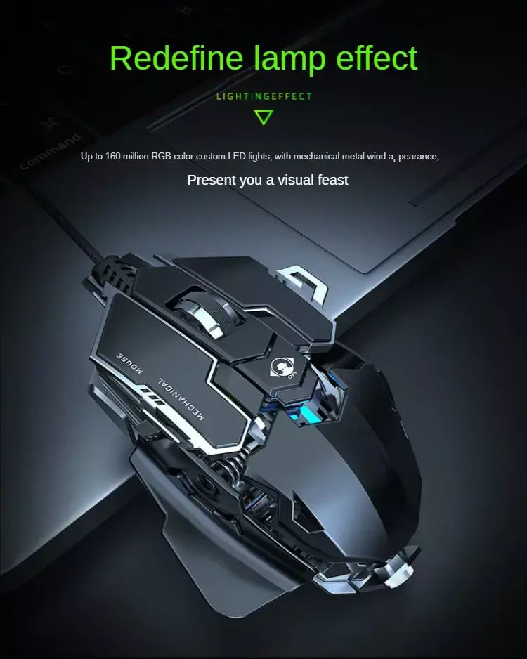 Novo mouse mecânico para jogos com fio, definição macro de 9 teclas, 12800 dpi, retroiluminado em cores, periférico de computador para windows pc