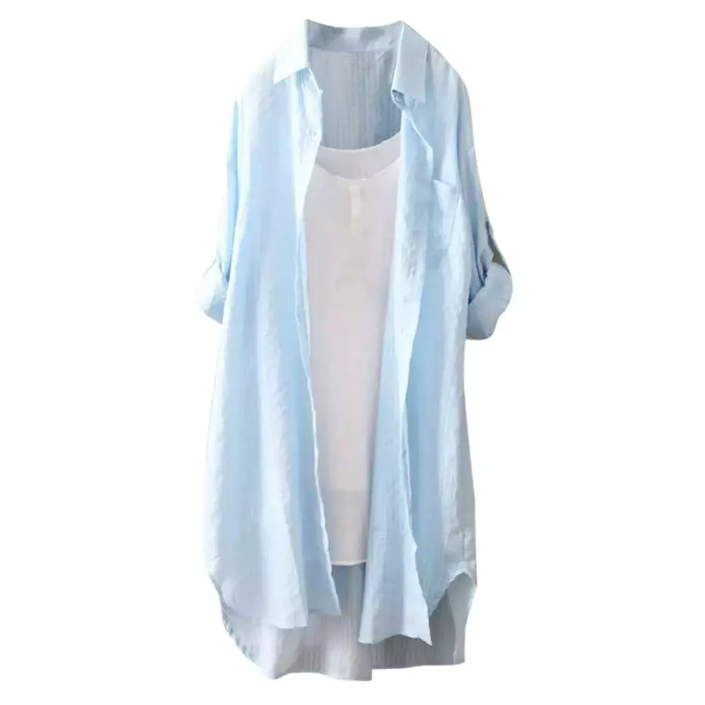 Camisa solta de comprimento médio feminina, tops de manga comprida, blusa casual, casaco feminino, moda verão