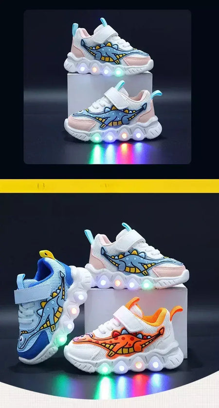Sapatilhas LED bonitos dos desenhos animados das crianças, sapatos de malha respirável, sapatos iluminados, casual, iluminação, meninos, meninas, bebê