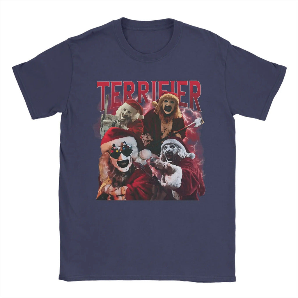 Arte engraçada os palhaços terrifier natal camiseta masculina em torno do pescoço puro algodão t camisas de manga curta camiseta impressa topos