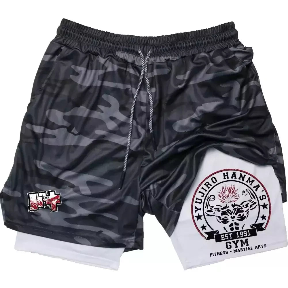 Masculino Anime 2 em 1 Calções Esportivos, Calções de Compressão Atlético Calças de Treino Fitness Running Sportwear, Desempenho Ginásio