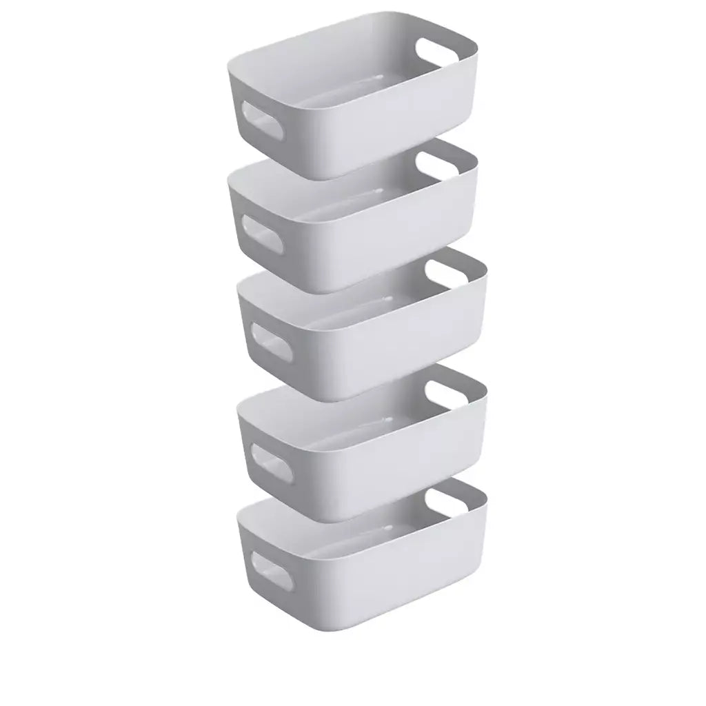 Conjunto de caixa de armazenamento empilhável de 5 peças, recipientes organizadores de plástico retangulares, duráveis, reutilizáveis, para cozinha, banheiro, itens essenciais para dormitório