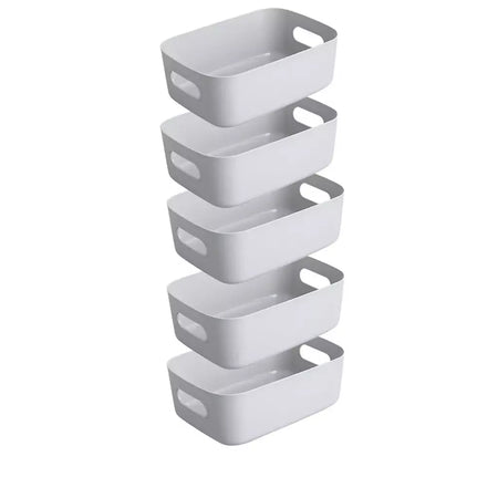 Conjunto de caixa de armazenamento empilhável de 5 peças, recipientes organizadores de plástico retangulares, duráveis, reutilizáveis, para cozinha, banheiro, itens essenciais para dormitório