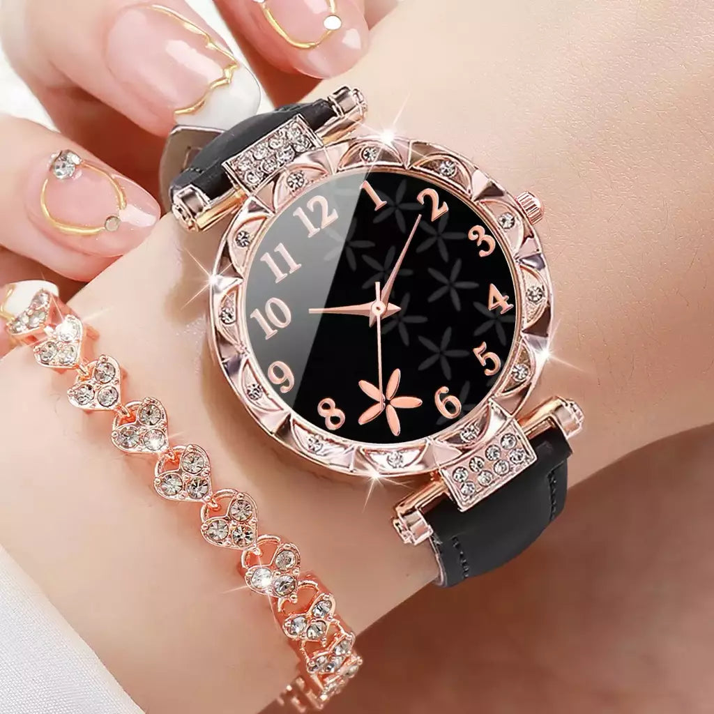Conjunto de braceletes de coração strass feminino, relógio de pulso quartzo feminino, mostrador flor, pulseira de couro, 2 peças por conjunto