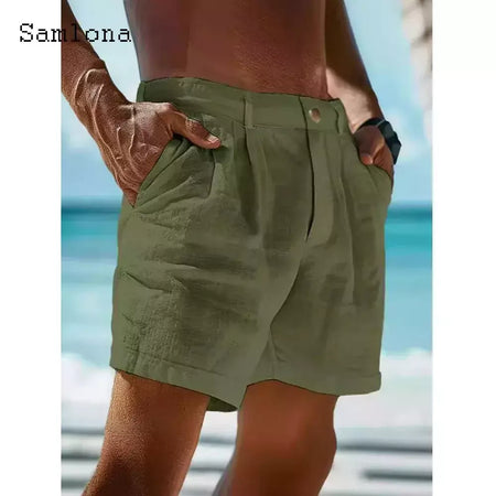 Calção de bolso de carrinho vintage masculino, linho algodão, estilo europeu, calça curta casual para praia, branco sólido, botão cáqui, calça voador, 2022