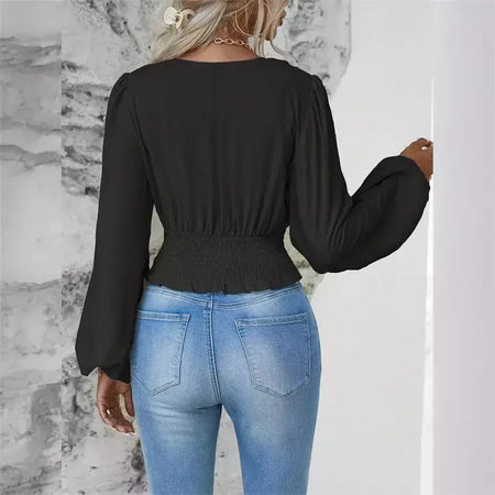 Pulôver feminino com decote V profundo, blusa feminina de manga comprida, tops casuais diários, cintura solta e magro, crossover, primavera, outono