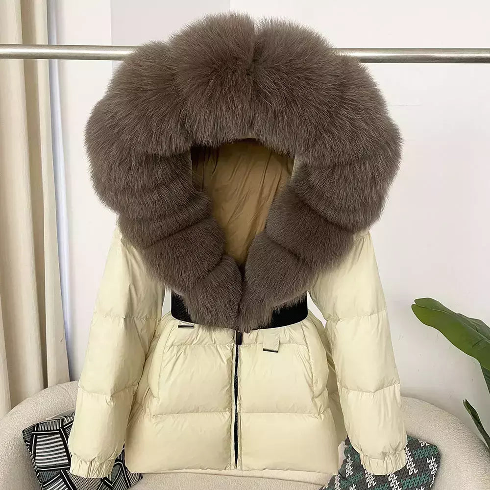 Oftbuy 2024 jaqueta de inverno feminina gola de pele de raposa natural real com capuz grosso quente 90% pato branco para baixo casaco feminino streetwear casual