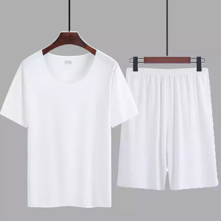 Verão pijamas masculinos terno fino gelo casa roupas traceless manga curta shorts em torno do pescoço casual roupas de verão