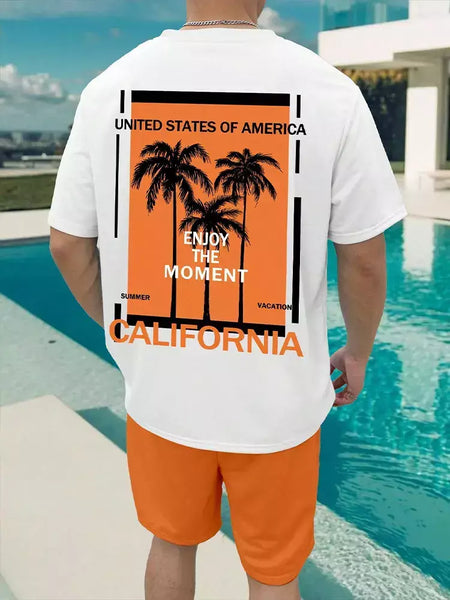 Camiseta de praia havaiana masculina, conjunto de 2 peças, manga curta, estampa palmeira, decote em O, moda exterior, casual, verão