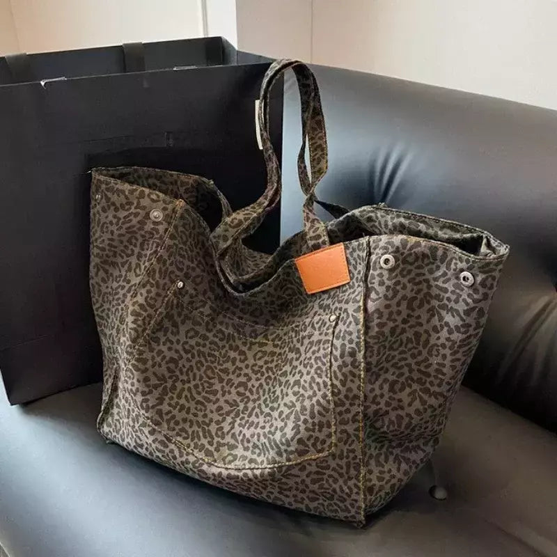 Oversized leopardo imprime sacos de ombro para mulheres lona deformável grande capacidade totes compras 2024 inverno novas bolsas luxo