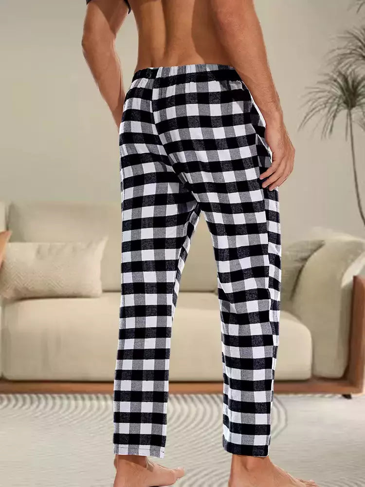 Conjunto de pijama xadrez solto masculino, tops casuais, Homewear
