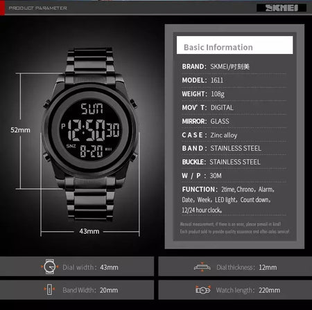 Skmei relógio de pulso masculino luxuoso, à prova d'água, aço inoxidável, eletrônico, esportivo, digital, 1611