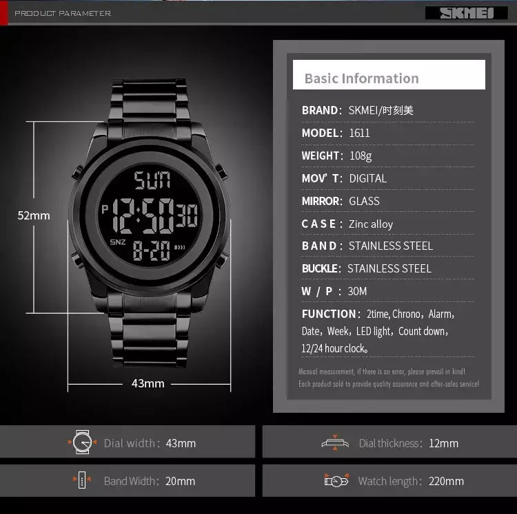 Skmei relógio de pulso masculino luxuoso, à prova d'água, aço inoxidável, eletrônico, esportivo, digital, 1611