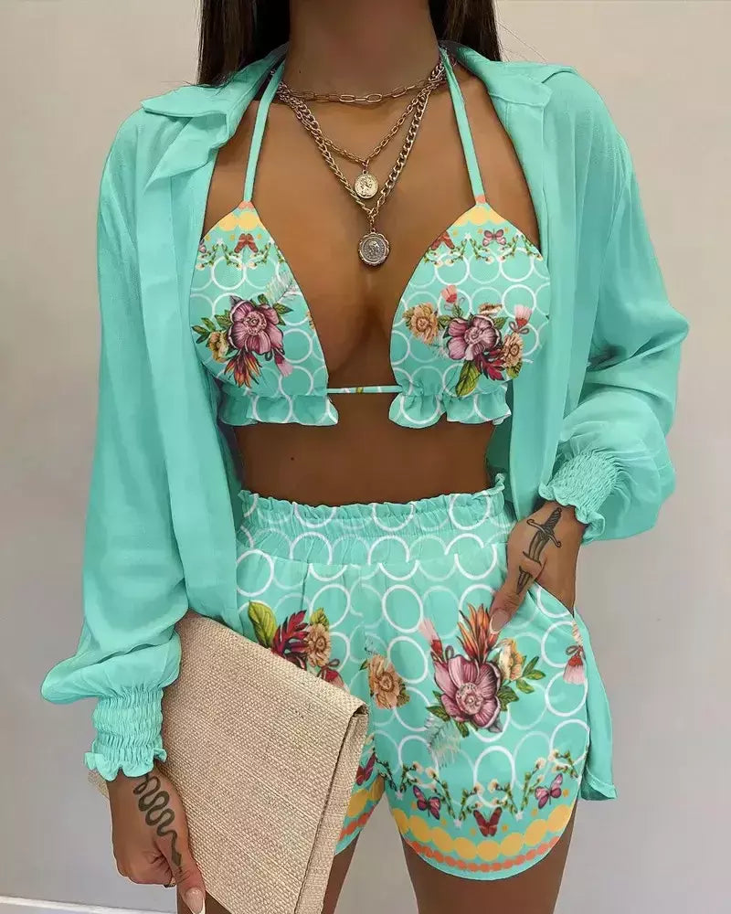 Fato de banho feminino de três peças, moda praia sexy, biquíni de cintura alta, maiô estampado, shorts para cobrir, moda praia de verão, novo 2024