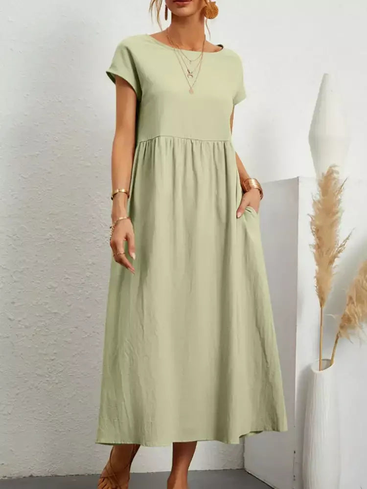 Vintage sólido midi vestido casual manga curta algodão e linho harajuku oversized vestido longo feminino verão y2k maxi vestido de verão 2023