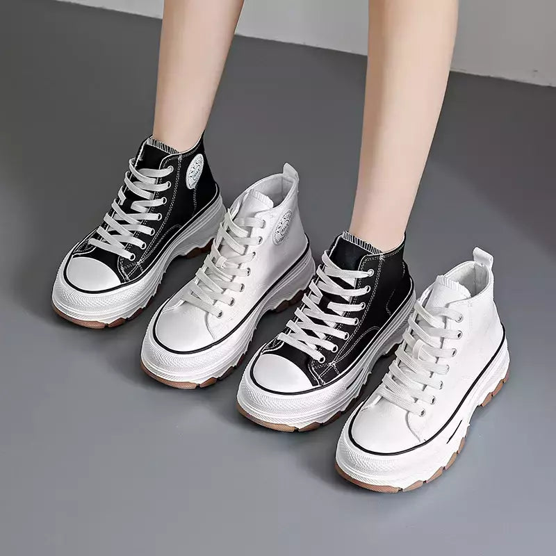 Tênis casual de cano alto para mulheres, com cordões, lona de altura da plataforma, antiderrapante, resistente ao desgaste, sapatos femininos vulcanizados, primavera, 2024
