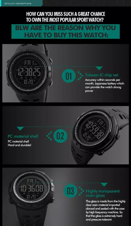Skmei 1251 relógio digital à prova d'água para homens, relógio de pulso eletrônico esportivo com contagem regressiva, relógio militar led 1560 reloj hombre