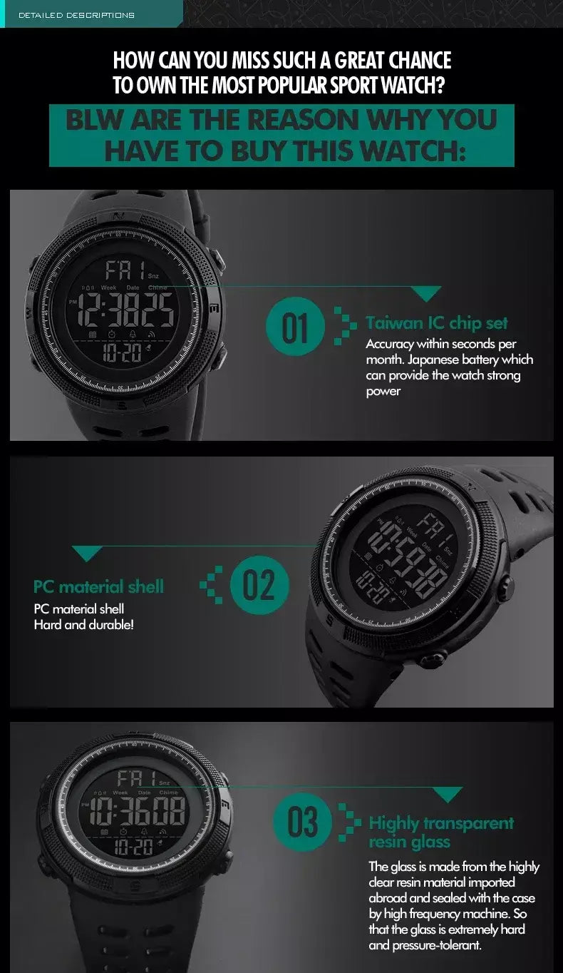 Skmei 1251 relógio digital à prova d'água para homens, relógio de pulso eletrônico esportivo com contagem regressiva, relógio militar led 1560 reloj hombre