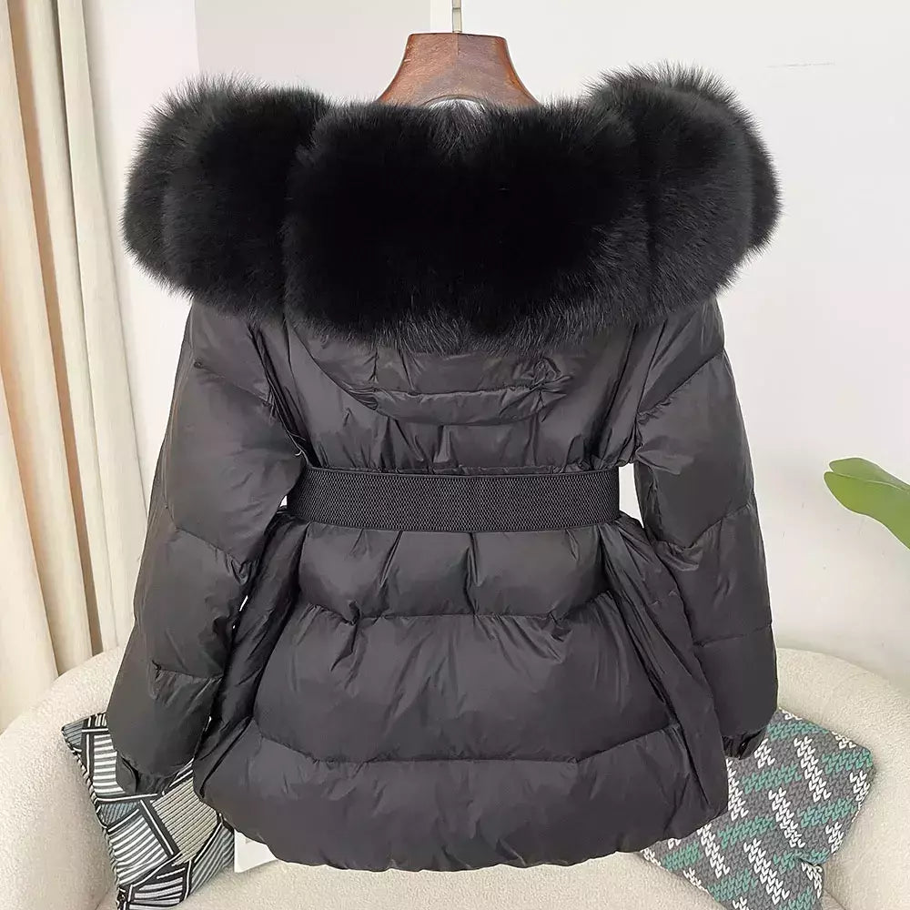 Oftbuy 2024 jaqueta de inverno feminina gola de pele de raposa natural real com capuz grosso quente 90% pato branco para baixo casaco feminino streetwear casual