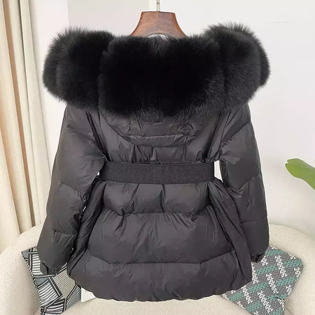 Oftbuy 2024 jaqueta de inverno feminina gola de pele de raposa natural real com capuz grosso quente 90% pato branco para baixo casaco feminino streetwear casual