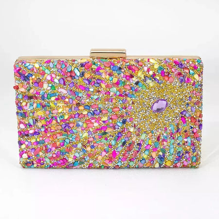 Bolsa acrílica com fecho interligado para menina, bolsa do casamento, pedra multicolorida, corrente de metal, crossbody, ombro, noite, difícil