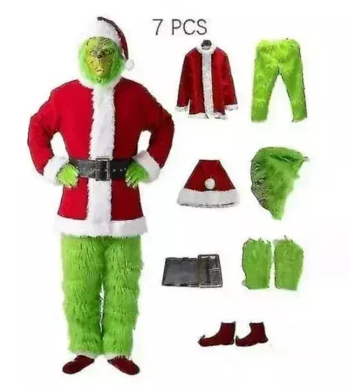Conjunto de fantasia de papai noel, festa de natal, baile, adulto, dramatização, roupa verde, monstro desgrenhado, dia das bruxas, cosplay, luvas, máscara
