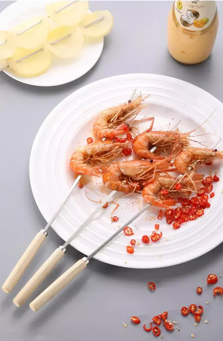 5/10 peças espetos de churrasco anti-escaldante com cabo de madeira podem ser reutilizados 304 espetos de churrasco de metal de aço inoxidável espetos largos