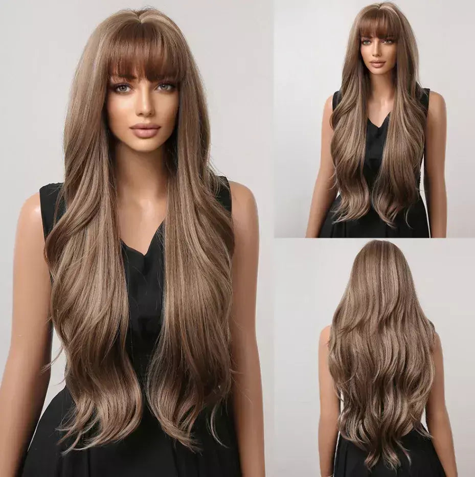 Louis ferre longo ombre loira perucas sintéticas com franja para mulheres onda natural penteado fibra resistente ao calor cosplay perucas marrons