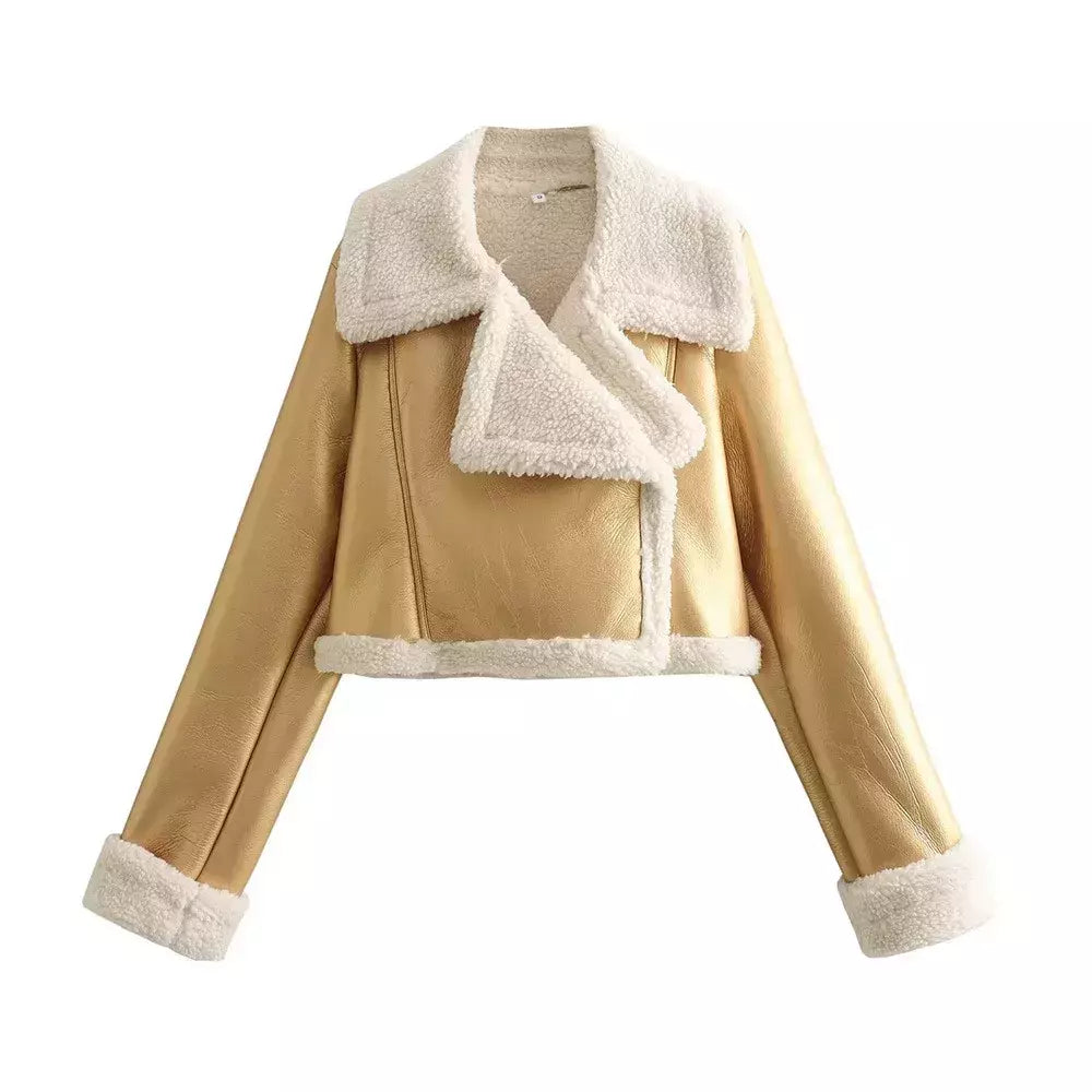 Jaqueta vintage de zíper frontal feminina, gola lapela, mangas compridas, roupas chiques femininas, monocromáticas, moda senhora