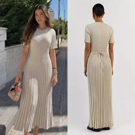 Vestido longo de malha monocromática feminino, manga curta, vestido feminino plissado, gola em O, quadril, primavera, moda verão, feminino, 2022