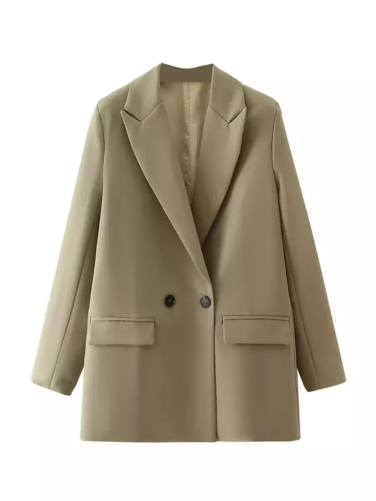 TRAF-Blazer de trespassado feminino, gola entalhada, manga comprida, chique, senhora do escritório, casaco vintage, casacos femininos, tops elegantes, moda