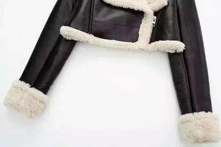 Jaqueta de shearling falso feminina, casaco de pele de carneiro, jaquetas retrô motociclista, tops, inverno