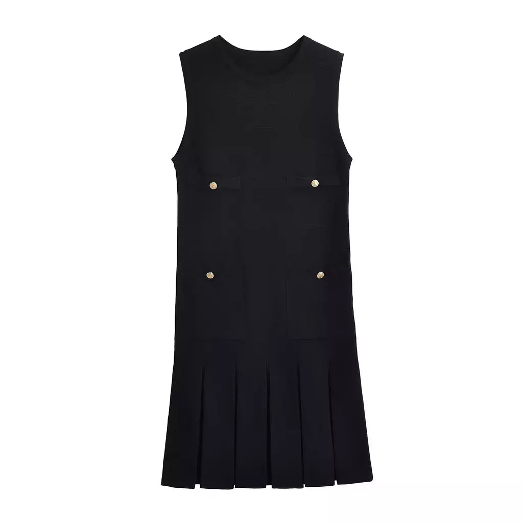 Mini vestido de bolso feminino sem mangas com o pescoço, malha, elegante vestido de botão, fino Lady Fashion, verão, fêmea, 2024