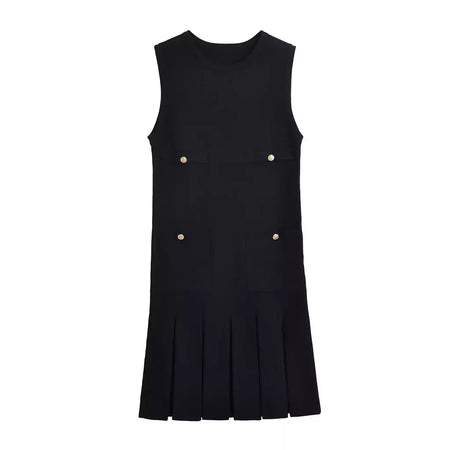 Mini vestido de bolso feminino sem mangas com o pescoço, malha, elegante vestido de botão, fino Lady Fashion, verão, fêmea, 2024