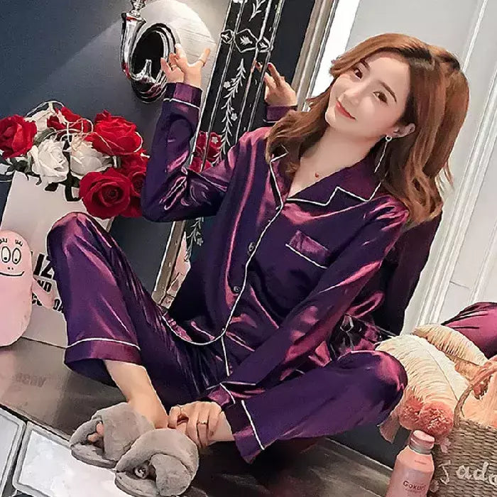 Pijama de seda gelo de mangas compridas feminino, tamanhos grandes, monocromático, casual, solto, preto, botões macios, cardigã, roupa de casa, pijamas, outono, inverno
